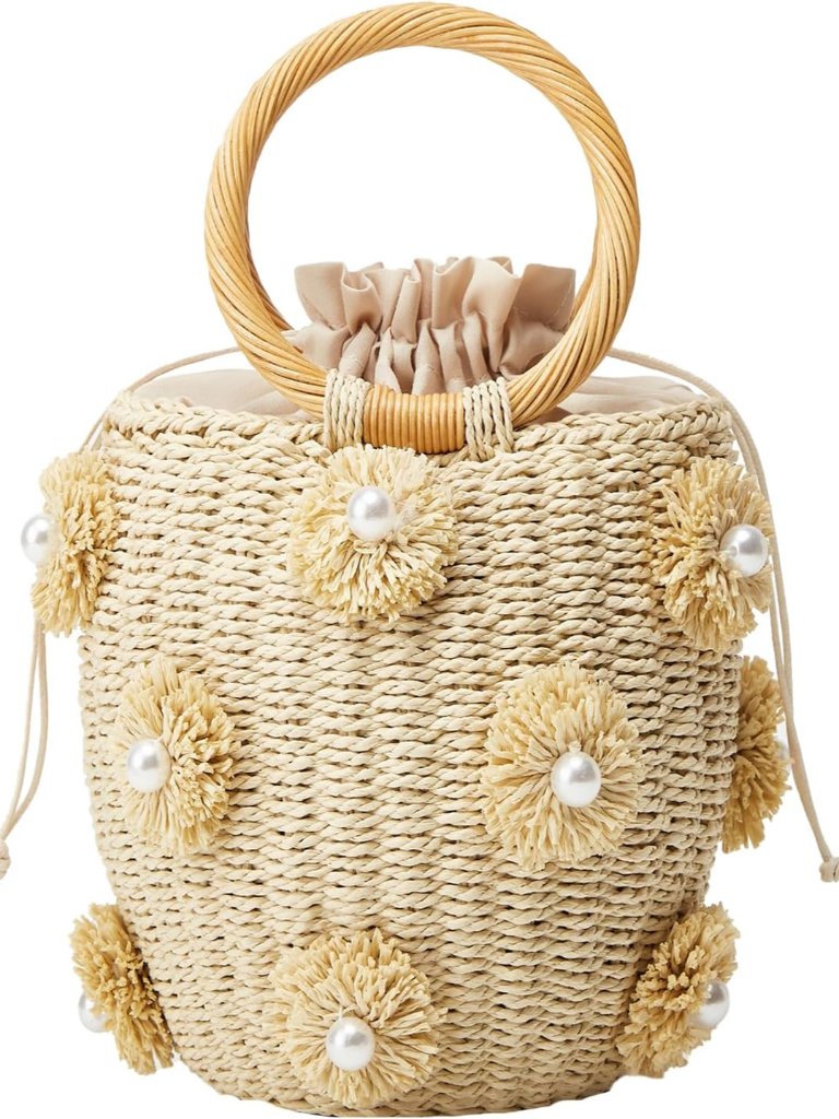 Summer Straw Bag For Women Pearl Flower Bucket Tote Bag Diamond Handbag Hand Wov